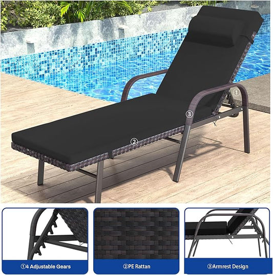 Patio Chaise Lounge Set 3 Pieces Pool Lounge Chairs,Cushioned Outdoor Folding Lounge Chair w/Arm and Rattan Adjustable Backrest for Poolside Porch,Folding Table Included,Black