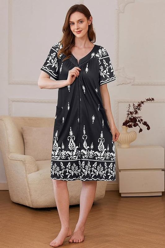 Ekouaer Women Robe Zipper Front Mumu Duster Robes Zip Up Housecoat Soft Sleepwear with Pockets