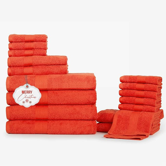 Ample Decor Bathroom Towel Set of 18-4 Hand Towel, 4 Bath Towel, 10 Wash Cloths - Oeko Tex Certified 600 GSM 100% Cotton - High Absorbency Quick Drying, Ideal for Gifting - Orange