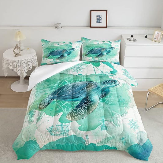 CVHOUSE Sea Turtle Comforter Twin - Ocean Bohemia Quilt Set with 1 Comforter and 2 Pillow Cases