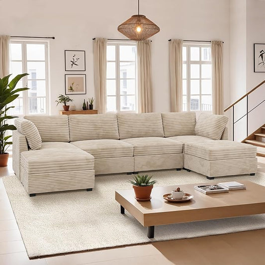 Large 6 Seat Modular Sectional Sofa with Ottoman Seat Corduroy Sleeper Sectional Sofa Bed Oversized Convertible Modular Couch for Living Room