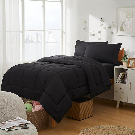 Dorm Room Essentials College Bedding Comforter Set 5 Piece Twin XL Size Bed in a Bag for College Students Boys and Girls, Twin XL, Black