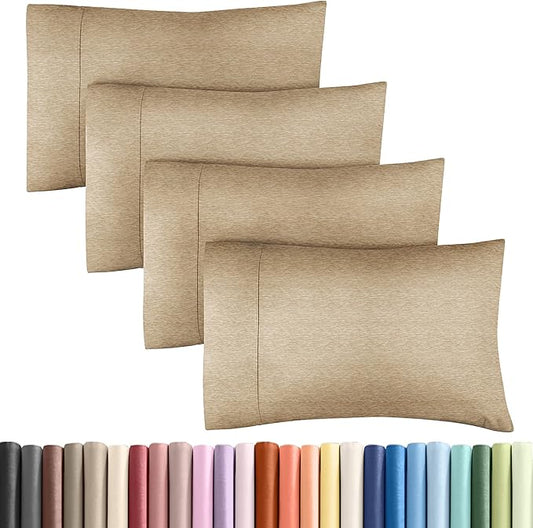 Queen Pillow Cases Set of 4 - Ultra Soft Hotel Quality Pillowcase Covers - Comfy, Cozy & Wrinkle Free - Shrinkage and Fade Resistant - Machine Washable Pillow Protectors - 4 Piece Set - Heathered Tan