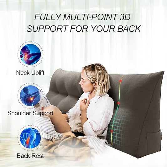 WOWMAX 85% Linen 15% Cotton Blend Headboard Pillow – Full Size Reading Wedge Backrest for Bed, Handmade Firm Support Bolster Cushion with Removable Cover, Premium Bed Rest Pillow, Light Gray