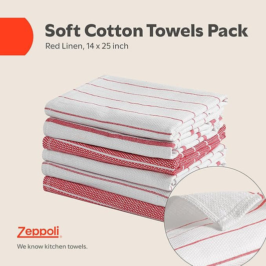 Zeppoli Classic Kitchen Towels - 6 Pack 100% Natural Cotton Towel Set, Reusable Wash Cloths, Absorbent Dish Towels, Machine Washable Hand Towels, Kitchen Essentials, 20� x 28� - Red VAR