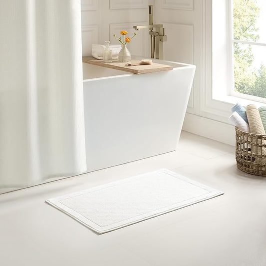 Arkwright 100% Cotton Bathroom Rug - High Absorbent Stylish Textured Woven Design Bath Mat, Slip Resistant Backing for Shower and Bathtub Floor, 24x36 in - White