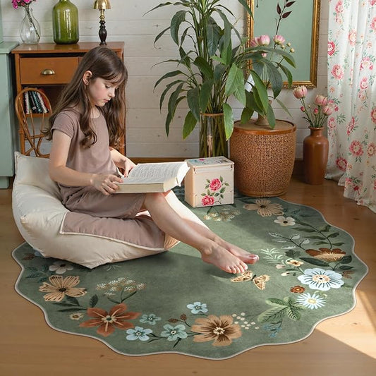 Lahome Floral Washable Round Rugs, Non-Slip Soft Round Rug 4ft Ultra-Thin, Small Boho Circle Carpet for Entryway Kitchen Bedroom Nursery Bathroom, Green
