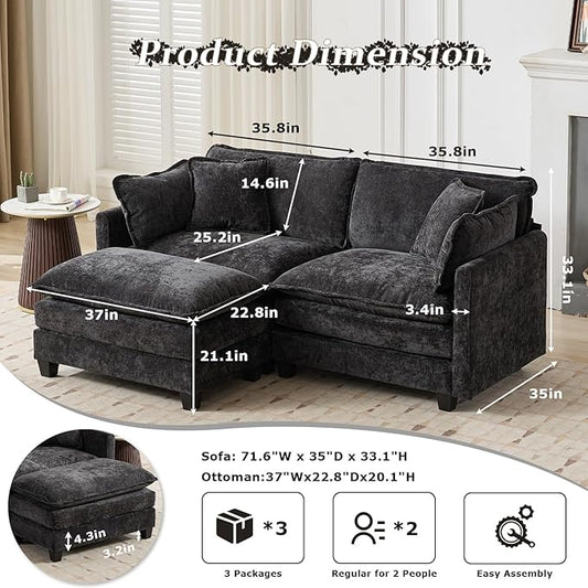 SoarFlash Chenille 77.95" Sectional Sofa, Comfy L Shaped Modular Coush Sofa with Ottoman, Modern 2 Seat Couch Deep Seat Sofa Set for Living Room,Black