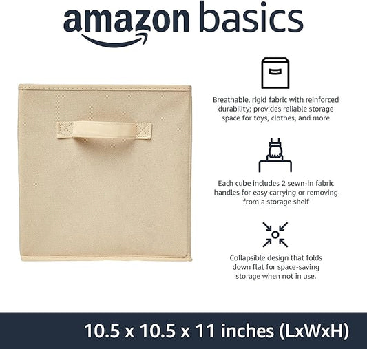 Amazon Basics Collapsible Fabric Storage Cubes Organizer with Handles, Sturdy, Beige, 10.5-x-10.5-x-11-inch, Pack of 6