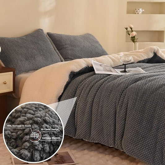 3D Jacquard Design Comforter Set, Ultra-Soft Warm Twin Size Sherpa Fur Plush 2-Pieces Sets Luxury Cozy Bedding with 1 Pillowcase (68"x90", Grey)