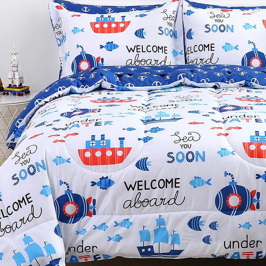 Viviland Kids Twin Bedding Sets for Boys, Soft Twin Comforter Set with Sheets, 5 Pieces Microfiber Bed in a Bag, Nautical Sea Ship