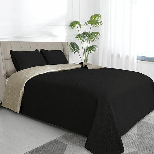 Easy-Going Full/Queen Size Reversible Quilt Set with 1 Quilt and 2 Pillow Shams, Soft Bed Quilt Cover, Water Resistant Lightweight Microfiber Bedspread, Stain Resistant, Olive Leaf-Black/Beige