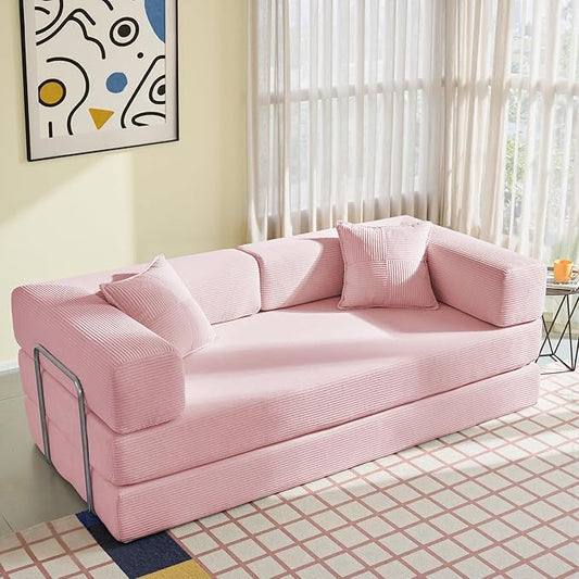 YINIX Foldable Sofa Bed, 78'' Folding Floor Couch, Compressed Convertable Sleeper Sofa, Memory Foam Couch with Pillow Back Support Armrest, 4-in-1 Futon Sofa Bed for Living Room, Pink