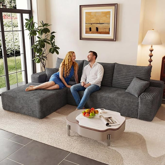 95" Modular Sectional Couch, Boneless L Shaped Cloud Sofa with Chaise Lounge, Corduroy Upholstered Couches Memory Foam Deep Seat, No Assembly Required, Ideal for Living Room(Dark Gray, Left Facing)