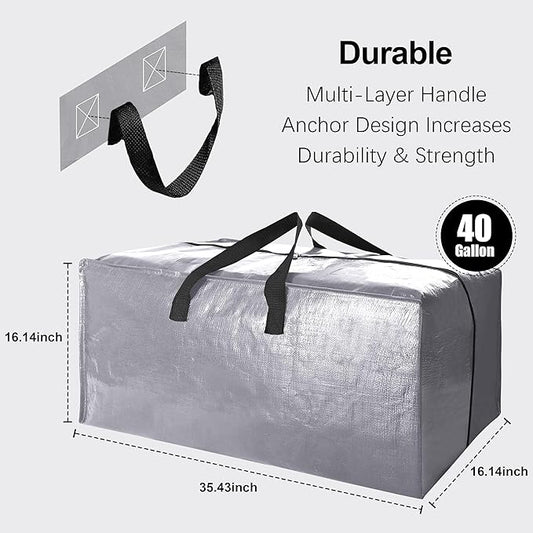 6 Pack Heavy Duty Extra Large Moving Bags W/Backpack Straps - Strong Handles & Zippers, Storage Totes For Space Saving, Fold Flat, Alternative to Box and Bin (40 gal, Silver)