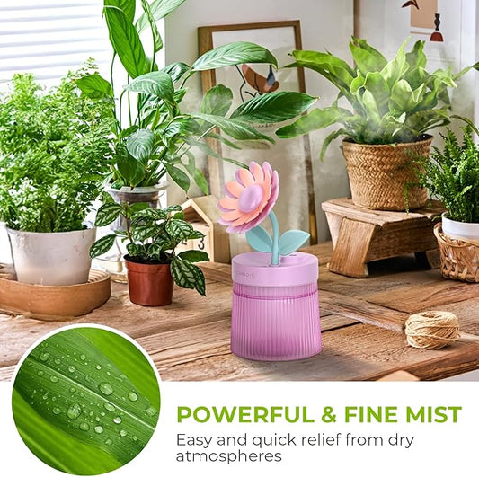 Cute Flower Mini Humidifier, 260ml Sunflower Desktop Humidifiers for Bedroom, Portable Small Cool Mist Humidification for Home, Baby Nursery, Office & Indoor Plants, USB Powered (Purple)