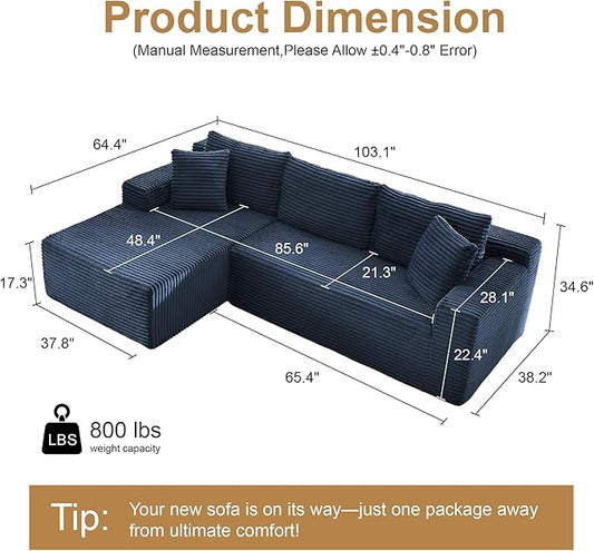 105''Sectional Cloud Couch with L Shaped Chaise,Modern Modular Sectional Sofa,Comfy Sectional Couches for Living Room,Bedroom,Apartment (Blue, 105''W Left Facing Chaise)
