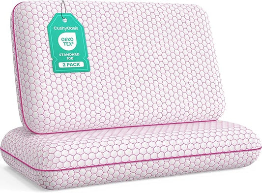 Memory Foam Pillows for Side, Back and Stomach Sleepers, Set of 2, Bed Pillow with Washable Cover and Breathable Mesh, Bed Pillow for Sleeping (Pink,Queen Size)