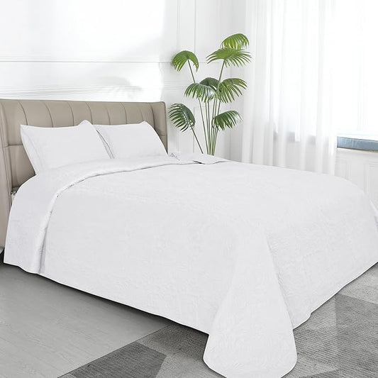 Easy-Going Twin Size Reversible Quilt Set with 1 Quilt and 1 Pillow Sham, Soft Bed Quilt Cover, Water Resistant Lightweight Microfiber Bedspread, Stain Resistant, Damask-White/White