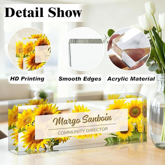 Ship Next Day-Custom Name Plate for Desk, Desk Name Plate Personalized, Acrylic Office Desk Accessories, Appreciation Gifts for Coworkers Employee Teachers Boss Women Men (Sunflower)