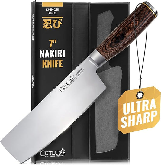 Cutluxe Nakiri Knife – Ultra Sharp 7" Meat and Vegetable Japanese Knife for Chopping, High Carbon Stainless Steel Blade, Full Tang Pakkawood Handle – Shinobi Series