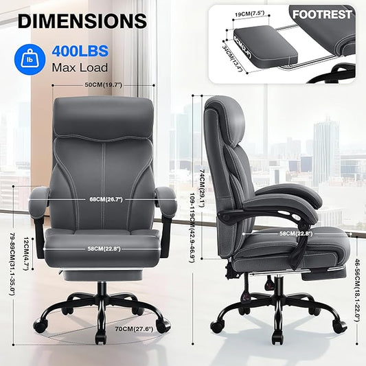 Office Chair - Ergonomic Comfortable High Back Computer Desk Chair with Foot Rest - Executive Breathable Swivel Rolling Reclining Leather Chair with Lumbar Support for Home Gaming Relaxing