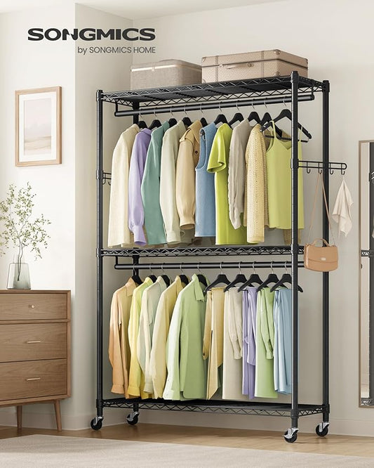 SONGMICS Heavy-Duty Rolling Clothes Rack, Garment Rack, Portable Closet, 43.3-Inch Wide Clothing Rack on Wheels, with Adjustable Mesh Shelves and Hanging Rails, Hooks, Ink Black ULGR414B01