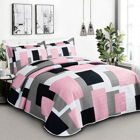 3 Piece Pink Grey Quilt Set Full/Queen Size Pink Gray White Geometric Reversible Bedding Set Microfiber Lightweight Bedspread Coverlet with 2 Shams Modern Bed Cover for All Season, 90''x96''