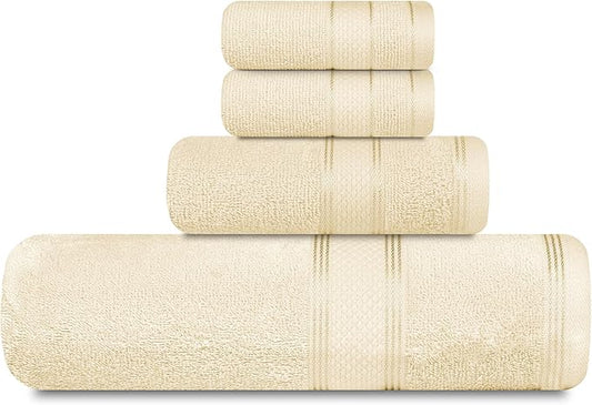 Casa Lino 100% Cotton Bath Towels Set of 4 (1 Bath Towel, 1 Hand Towel & 2 Wash Cloths) - Bathroom Towels and Washcloths Set - Complete Bathroom Set - Guest Room Essentials - (Linen Brown)