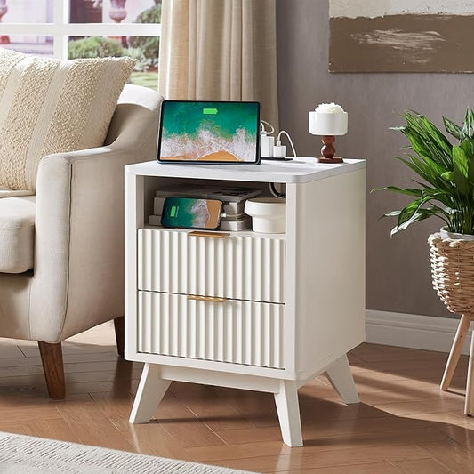 T4TREAM Fluted Nightstand Set of 2 with Charging Station, 18" Modern SideTable with Faux Marble Top, 2 Drawer End Table w/Storage, Bedside Table for Bedroom, Living Room, Curved Profile, Solid White