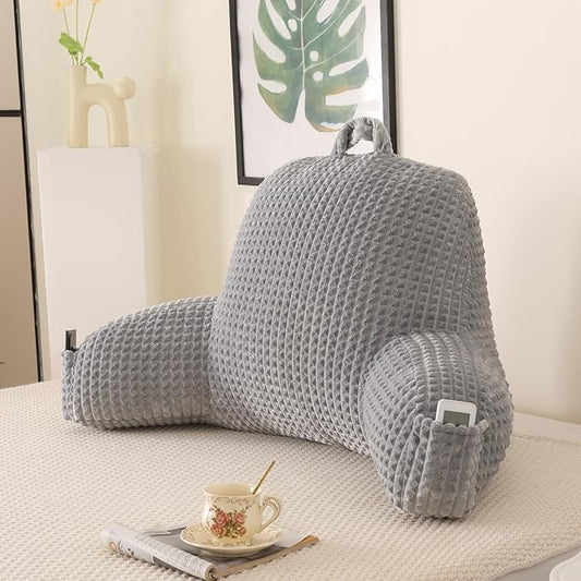 Reading Pillow for Sitting in Bed, Large Backrest Reading Pillow with Arm Rest,Back-Rest Support Cushion for Sit Up on Couch, Sofa, and Floor, Dorm Essentials (Grey Flannel, Large(19"))