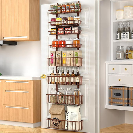 Moforoco Over The Door Pantry Organizer, Pantry Door Organizer Shelves, Kitchen Organizers and Storage, Hanging Basket Wall Spice Rack Seasoning Shelves, Laundry Room Bathroom accessories(Brown )
