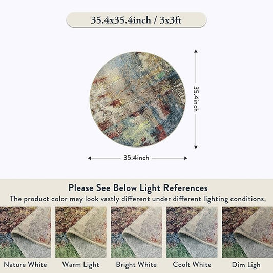 Lahome Modern Abstract Round Rug - 3Ft Small Red Washable Kitchen Round Area Rug Bedroom Circle Mat, Soft Low Pile Non Slip Indoor Throw Carpet for Cabinet Bathroom Living Room Office