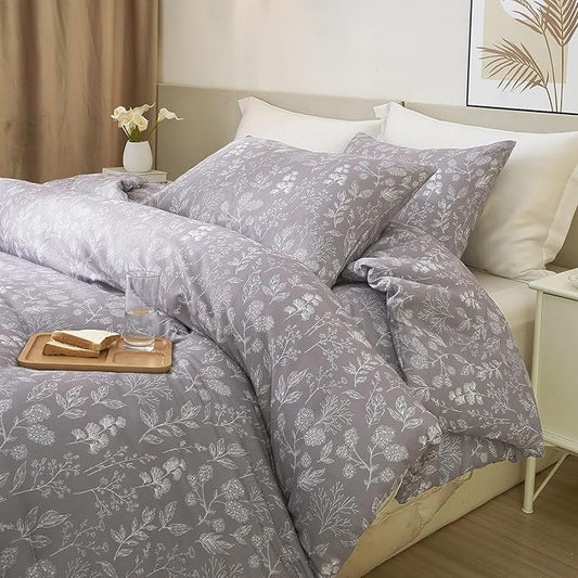 HighBuy Garden Floral Duvet Cover Queen Girls 100% Cotton Lavender Botanical Boho Bedding Set Queen Vintage Chic Floral Bed Comforter Cover with 2 Pillowcases Lightweight Aesthetic Duvet Cover Set