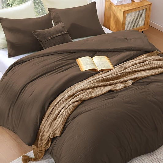 WRENSONGE Full Size Comforter Sets, 7 Pieces Chocolate Brown Bed in a Bag with Fitted Sheet, Flat Sheet, 2 Pillow Shams, 2 Pillowcases, Warm Bedding Sets for All Season