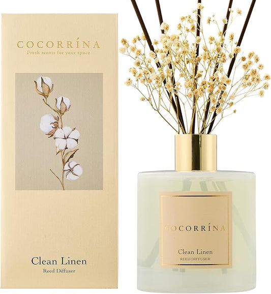 COCORRÍNA Reed Diffuser - Clean Linen 17 Fl.oz Reed Diffuser with 8 Sticks Scented Diffuser with Preserved Flowers for Bathroom Home Decor