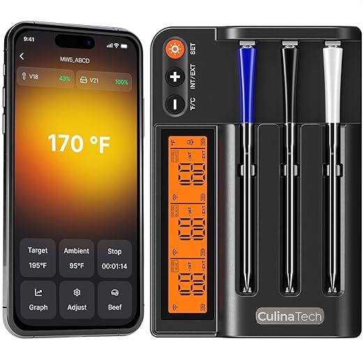 750ft Wireless Meat Thermometer Long Range for Smoker, BBQ & Rotisserie, 3 Probes Smart Bluetooth Thermometer Dual Sensor Waterproof Probe with LCD Base Station Display & App Control