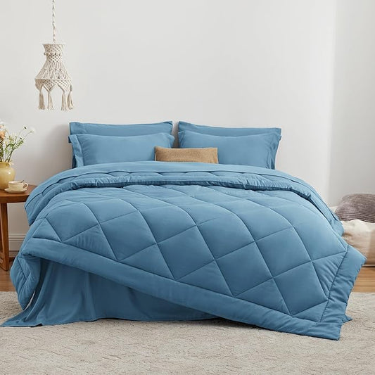 Love's cabin California King Comforter Set Misty Blue, 7 Pieces California King Bed in a Bag, All Season Bedding Sets with 1 Comforter, 1 Flat Sheet, 1 Fitted Sheet, 2 Pillowcase and 2 Pillow Sham