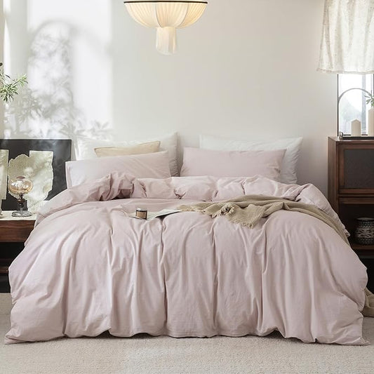 FOSSA Duvet Cover Set 100% Washed Cotton Linen Feel Super Soft Breathable Cozy 3 Pieces Bedding Sets Solid Greyish Pink Oversized King Plus