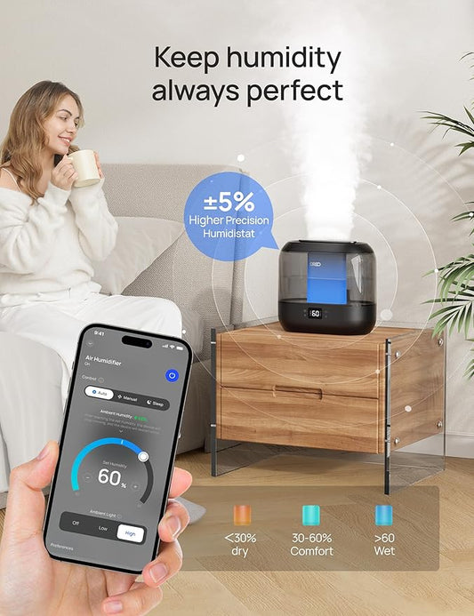 Dreo Humidifiers for Bedroom, Top Fill 4L Smart Cool Mist Humidifier with Oil Diffuser, Cartridge, Nightlight, 36H Runtime, Quiet Ultrasonic Humidifiers for Home, Baby Nursery, Plants, Office, HM311S