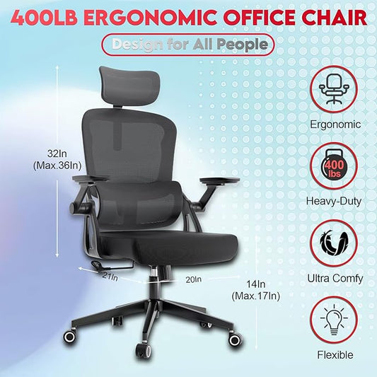 Ergonomic Office Chair - 400LB Comfy Desk Chairs with Adjustable Headrest and Lumbar Back Support, Mesh Computer Chairs with Wheels and Arms for Home Office, Study (218Black-With Headrest)