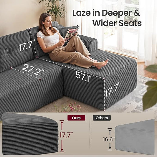 VASAGLE 108.3 Inches Boneless Couch with Chaise, Modular Sectional Sofa, Modern Cloud Couch with Deep Seat, L-Shape Corduroy Sofa for Living Room, Right-Facing Chaise, Bedroom, Slate Gray ULCS182GN01