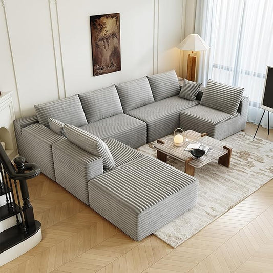 139.4" Modular Sectional Sofa, Oversized U-Shaped Minimalist Couches with 2 Middle Seats and 1 Ottoman Chaise, Modern Deep Seat Convertible Sleeper Sofa, Cloud Plush Corduroy Fabric,7 Seater, Grey