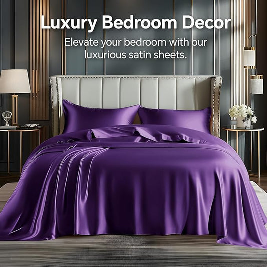 BEDELITE King Size Sheets Set, Luxury Soft Plum Purple Satin Sheets for Hair and Skin, Similar to Silk Bed Sheets Set 4 Pieces with 1 Deep Pocket Fitted Sheet, 1 Flat Sheet, and 2 Pillowcases