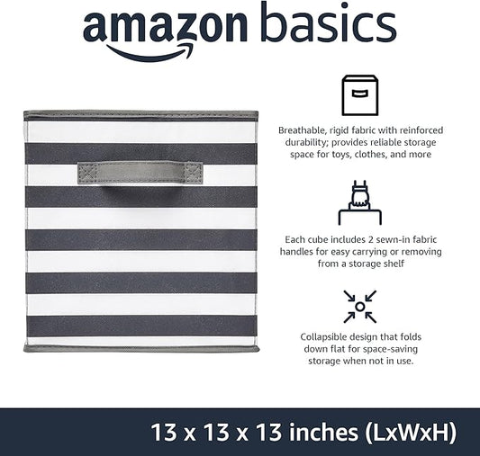 Amazon Basics Cube Organizer Storage Bins Handles, Collapsible Fabric, Pack of 6, 13"x13"x13", White/ Light Grey Stripe