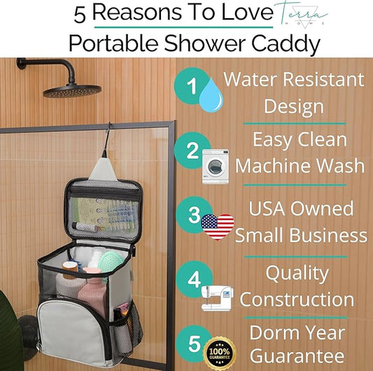 Original Portable Shower Caddy For College Dorms - Foldable Mesh Tote - Dorm Room Essentials - Durable Hanging Travel Shower Bag - Perfect for College Students, Men, Women (Grey)