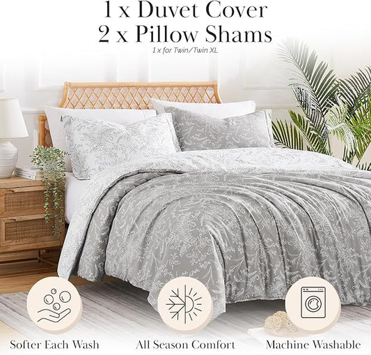 Southshore Fine Living, Inc. Reversible Floral Duvet Cover Set, Twin/XL – Premium Microfiber Bedding, Easy Care – Includes 1 Twin Duvet Cover and 1 Sham, Machine Washable, Winter Brush Steel Grey