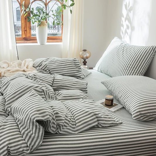 FOSSA Striped Duvet Cover Set 100% Washed Cotton Linen Feel Super Soft Breathable Cozy 3 Pieces Bedding Sets Heathered Green Classic Stripes Queen