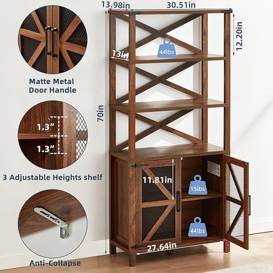 5 Tier Bookshelf 70" Tall Bookcase with Barn Doors,Large Farmhouse Display Book Shelf with Adjustable Shelves and Storage Cabinet,Wood Bookshelves for Living Room,Kitchen,Brown(2PCS)