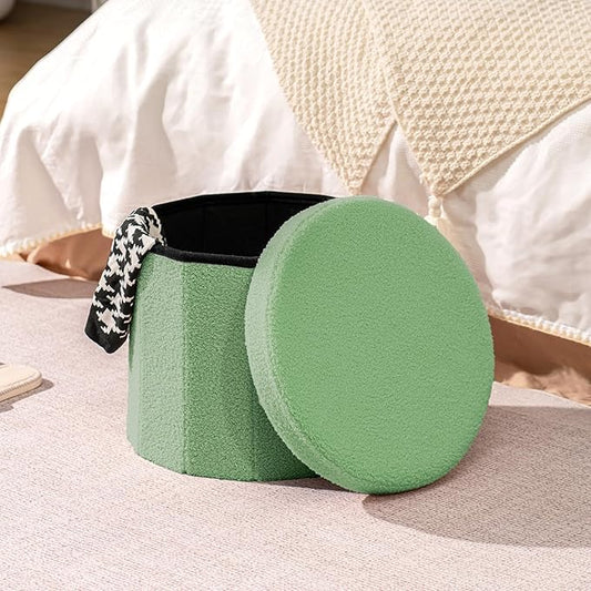 B FSOBEIIALEO Storage Ottoman Cube, Round Ottomans with Storage Foot Stool Footrest for Lving Room, Boucle Ottoman Seat for Dorm Room,Faux Teddy Fur, Green 15"x15"x13.19"